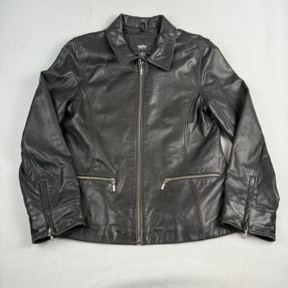 Mossimo Womens Black Genuine Leather Full Zip‎ Moto Jacket Size M Pointed Collar